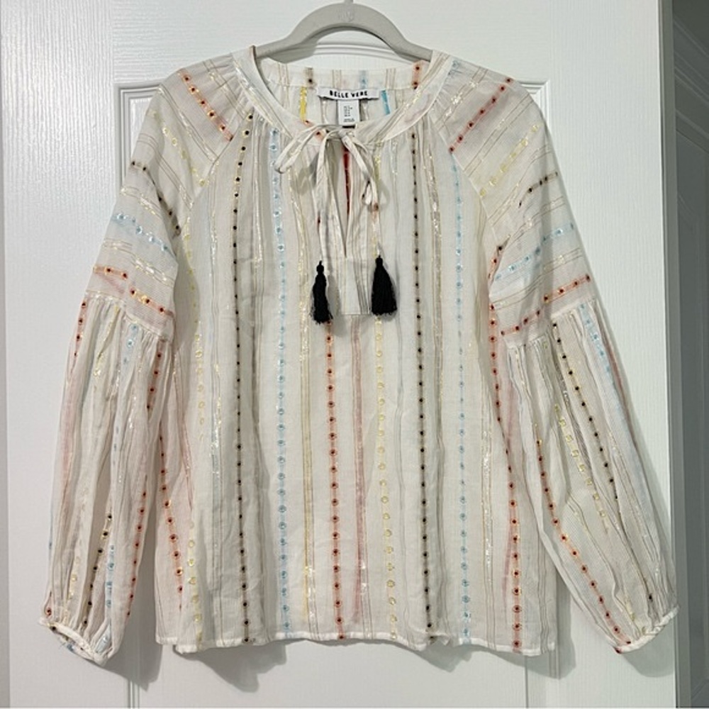 Anthropologie Belle Vere Boho Metallic Cream Long Sleeve Peasant Blouse